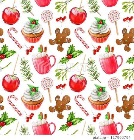 Winter season vintage style traditional treats and sweets seamless pattern. Watercolor painted illustration. Hand drawn cupcake, gingerbread man, caramel apple, candy cane elements isolated. Winter season vintage style traditional treats and sweets seamless pattern. Watercolor painted illustration. Hand drawn cupcake, gingerbread man, caramel apple, candy cane elements isolated. 117963794