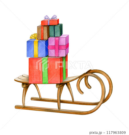 Wooden vintage style sled with pile of gift boxes painted illustration. Hand drawn retro sleigh with group of gift boxes on white background. Winter season holidays traditional element 117963809