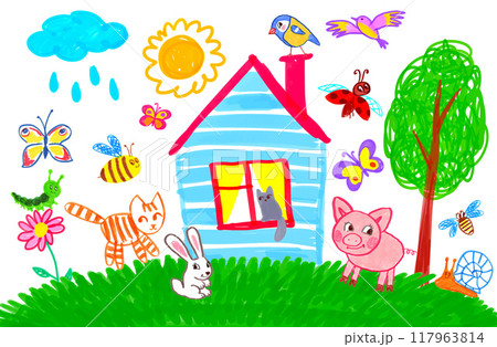 Child drawing of landscape with house and trees Child drawing of landscape with house and trees 117963814