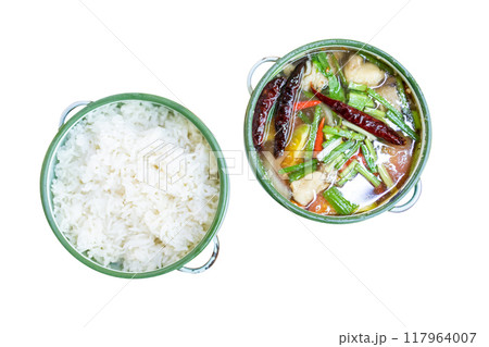 Top view of rice and Spicy Pork Cartilage Soup, focus selective Top view of rice and Spicy Pork Cartilage Soup, focus selective 117964007