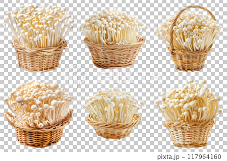Six Wicker Baskets Filled with Enoki Mushrooms 117964160