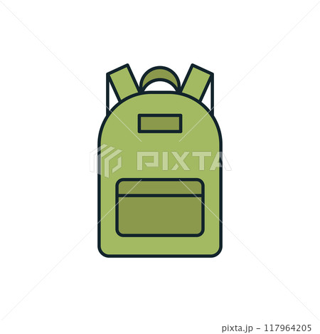 Green backpack standing upright ready for camping trip Green backpack standing upright ready for camping trip 117964205