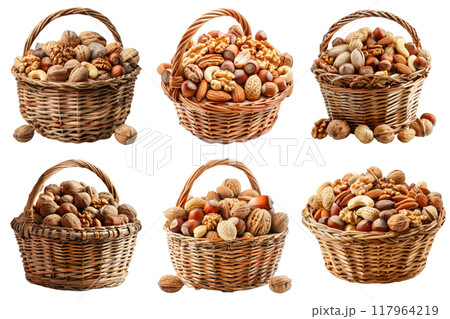 Six Wicker Baskets Overflowing with Mixed Nuts 117964219