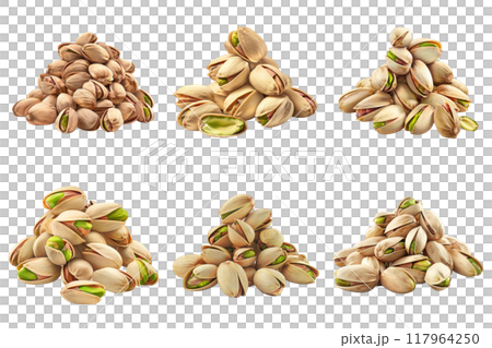 A collection of pistachios in various configurations on a white background A collection of pistachios in various configurations on a white background 117964250