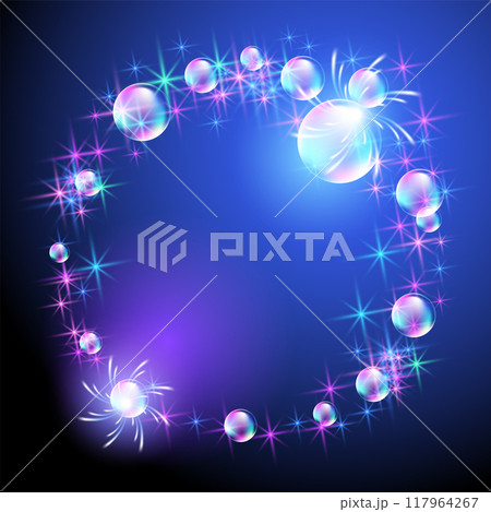 Glowing fairytale background with bubbles and sparkling stars. Round fantasy magical frame consists of transparent iridescent balls. 117964267