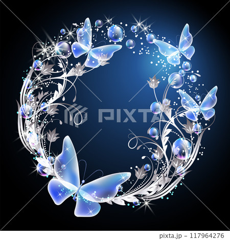 Fairytale background with magical butterflies and bubbles, floral ornament and sparkling stars. Round fantasy frame consists of transparent iridescent balls and copy space. 117964276