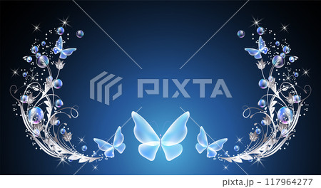 Fairytale background with magical blue butterflies and bubbles, flowers ornate and stars. Fantasy sparkle frame consists of transparent iridescent balls, floral ornament and copy space. 117964277