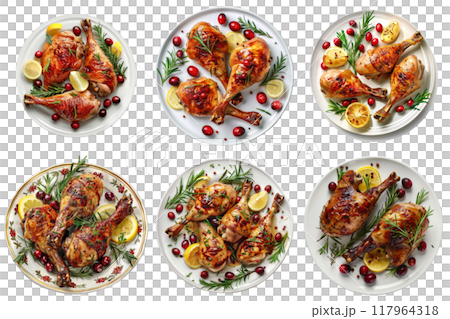 Roasted Chicken Legs with Rosemary, Lemon, and Cranberries on White Plates 117964318
