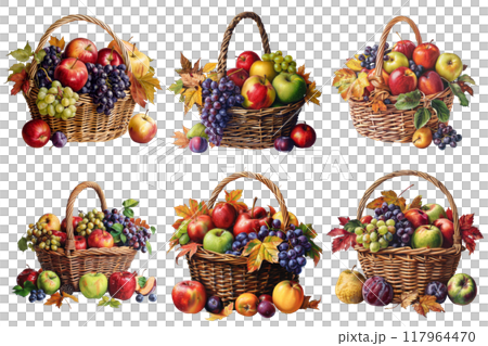 Six Wicker Baskets Filled with Apples, Grapes, and Plums 117964470