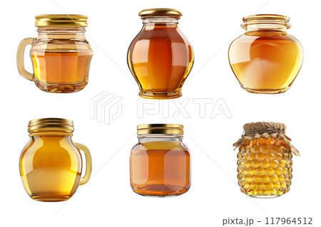 Six Glass Jars Filled with Golden Honey Six Glass Jars Filled with Golden Honey 117964512