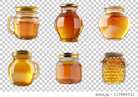 Six Glass Jars Filled with Golden Honey Six Glass Jars Filled with Golden Honey 117964512
