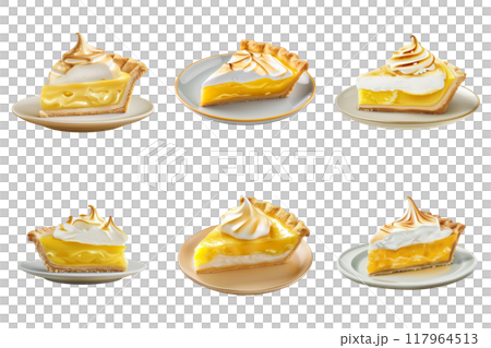 Five slices of lemon meringue pie on white plates Five slices of lemon meringue pie on white plates 117964513