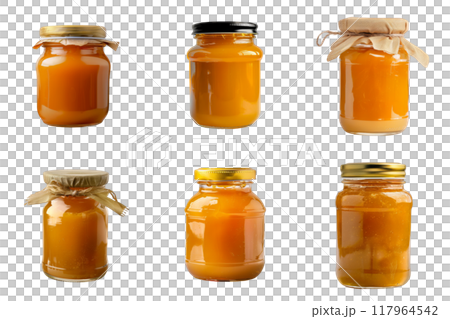 Five Glass Jars Filled with Orange-Colored Jam or Honey 117964542