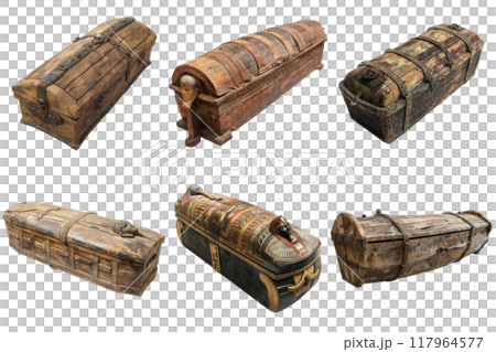 Six Antique Wooden Coffins of Varying Styles and Decorations 117964577