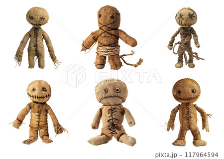 Six Distinctive Voodoo Dolls with Stitched Features and Rustic Fabric 117964594
