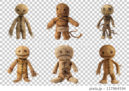 Six Distinctive Voodoo Dolls with Stitched Features and Rustic Fabric 117964594