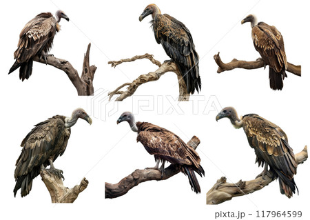 Six Vultures Perched on Branches Against a White Background 117964599
