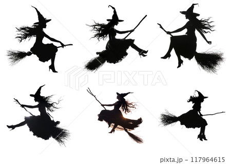 Silhouettes of Five Witches Flying on Broomsticks with Glitch Art Backgrounds Silhouettes of Five Witches Flying on Broomsticks with Glitch Art Backgrounds 117964615