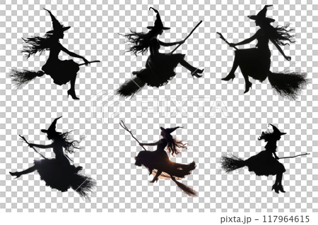 Silhouettes of Five Witches Flying on Broomsticks with Glitch Art Backgrounds Silhouettes of Five Witches Flying on Broomsticks with Glitch Art Backgrounds 117964615
