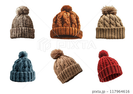 Collection of Six Knitted Winter Beanies with Pom-Poms Collection of Six Knitted Winter Beanies with Pom-Poms 117964616