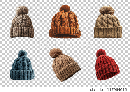 Collection of Six Knitted Winter Beanies with Pom-Poms Collection of Six Knitted Winter Beanies with Pom-Poms 117964616