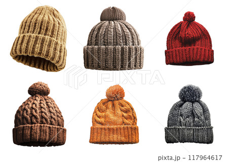Six Different Knitted Winter Beanies with Pom-Poms Six Different Knitted Winter Beanies with Pom-Poms 117964617