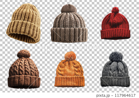 Six Different Knitted Winter Beanies with Pom-Poms Six Different Knitted Winter Beanies with Pom-Poms 117964617