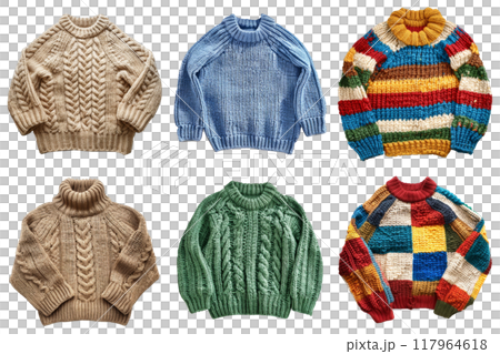 Six Colorful Knitted Sweaters Isolated on White Background 117964618