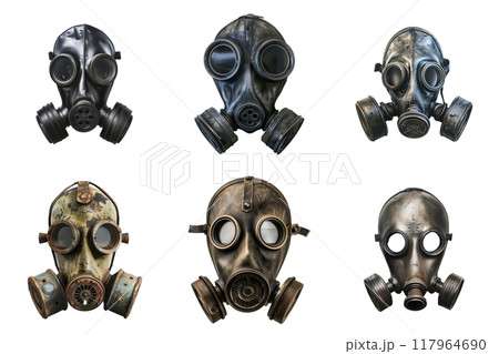 Six Vintage Gas Masks Isolated on White Background Six Vintage Gas Masks Isolated on White Background 117964690