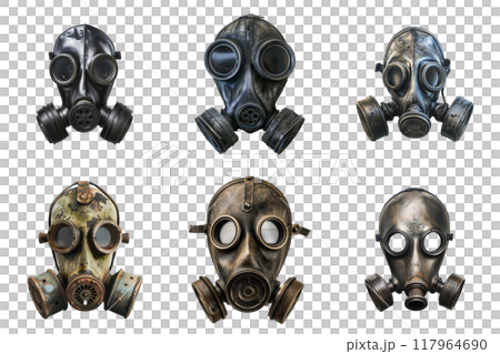 Six Vintage Gas Masks Isolated on White Background Six Vintage Gas Masks Isolated on White Background 117964690