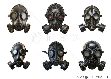 Collection of Black Gas Masks Isolated on White Background Collection of Black Gas Masks Isolated on White Background 117964691