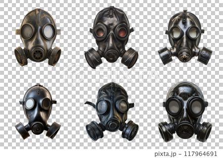 Collection of Black Gas Masks Isolated on White Background Collection of Black Gas Masks Isolated on White Background 117964691