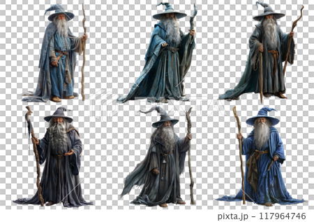 Six Different Poses of a Wizard in a Blue Robeのイラスト素材 [117964746] - PIXTA