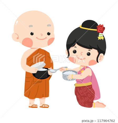 Woman giving alms make merit offer food with monk 117964762