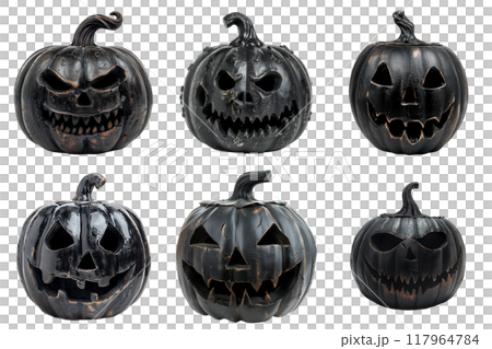 Six Black Carved Pumpkins with Evil Expressions 117964784