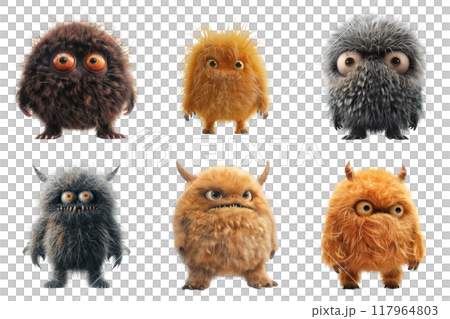 Six Furry Monsters with Large Eyes and Different Expressions 117964803