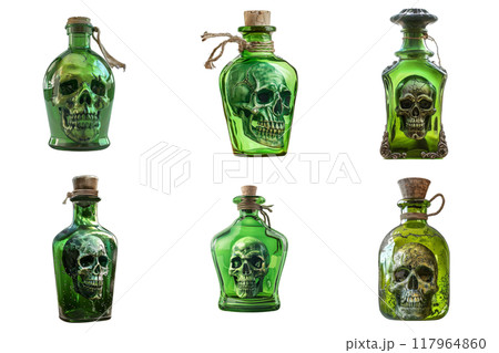 Five Glass Bottles Containing Skulls Filled with Green Liquid 117964860