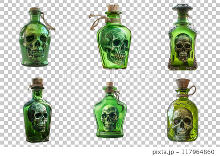 Five Glass Bottles Containing Skulls Filled with Green Liquid 117964860