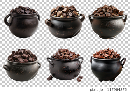 Six Black Pots Filled with Chocolate Pieces 117964876