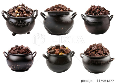 Six Black Pots Filled with Different Types of Chocolate 117964877