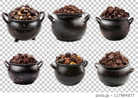 Six Black Pots Filled with Different Types of Chocolate 117964877