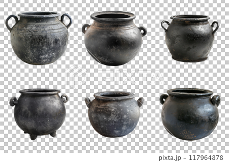 Collection of Six Ancient Black Pottery Vases with Handles 117964878