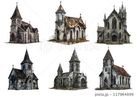 Six Distressed Churches Against a White Background 117964899