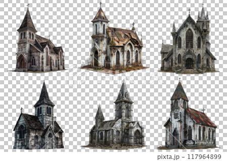 Six Distressed Churches Against a White Background 117964899