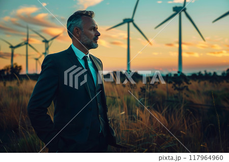 Business leader of a successful industrial business company producing renewable energy against the backdrop of wind turbines at sunset. Bearded rich man. Generative AI 117964960