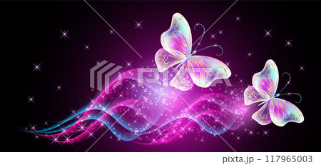 Fantasy banner with butterflies, fantastic transparent curving waves and magical glowing stars on black purple background 117965003