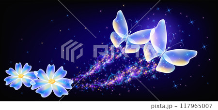Flying transparent delightful butterflies and flowers with sparkle and blazing trail flying in sky among shiny glowing stars in cosmic space. Animal protection day concept. 117965007