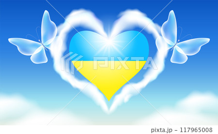 Pray for peace in Ukraine. No war concept. Ukraine national flag in heart form in cloudy sky with butterflies. Pray for peace in Ukraine. No war concept. Ukraine national flag in heart form in cloudy sky with butterflies. 117965008