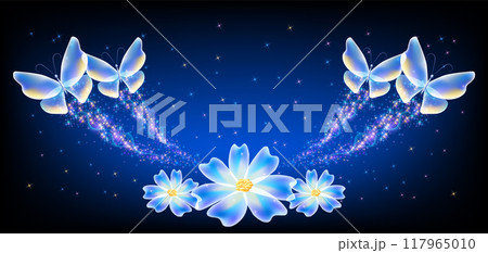 Flying transparent delightful butterfly and flowers with sparkle and blazing trail flying in sky among shiny glowing stars in cosmic space. Animal protection day concept. Flying transparent delightful butterfly and flowers with sparkle and blazing trail flying in sky among shiny glowing stars in cosmic space. Animal protection day concept. 117965010