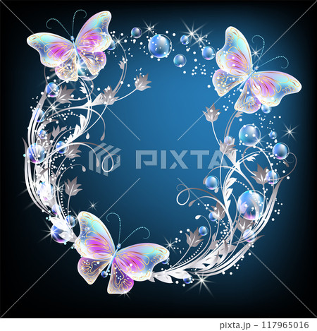 Fairytale background with magical butterflies and bubbles, floral ornament and sparkling stars. Round fantasy frame consists of transparent iridescent balls and copy space. Fairytale background with magical butterflies and bubbles, floral ornament and sparkling stars. Round fantasy frame consists of transparent iridescent balls and copy space. 117965016